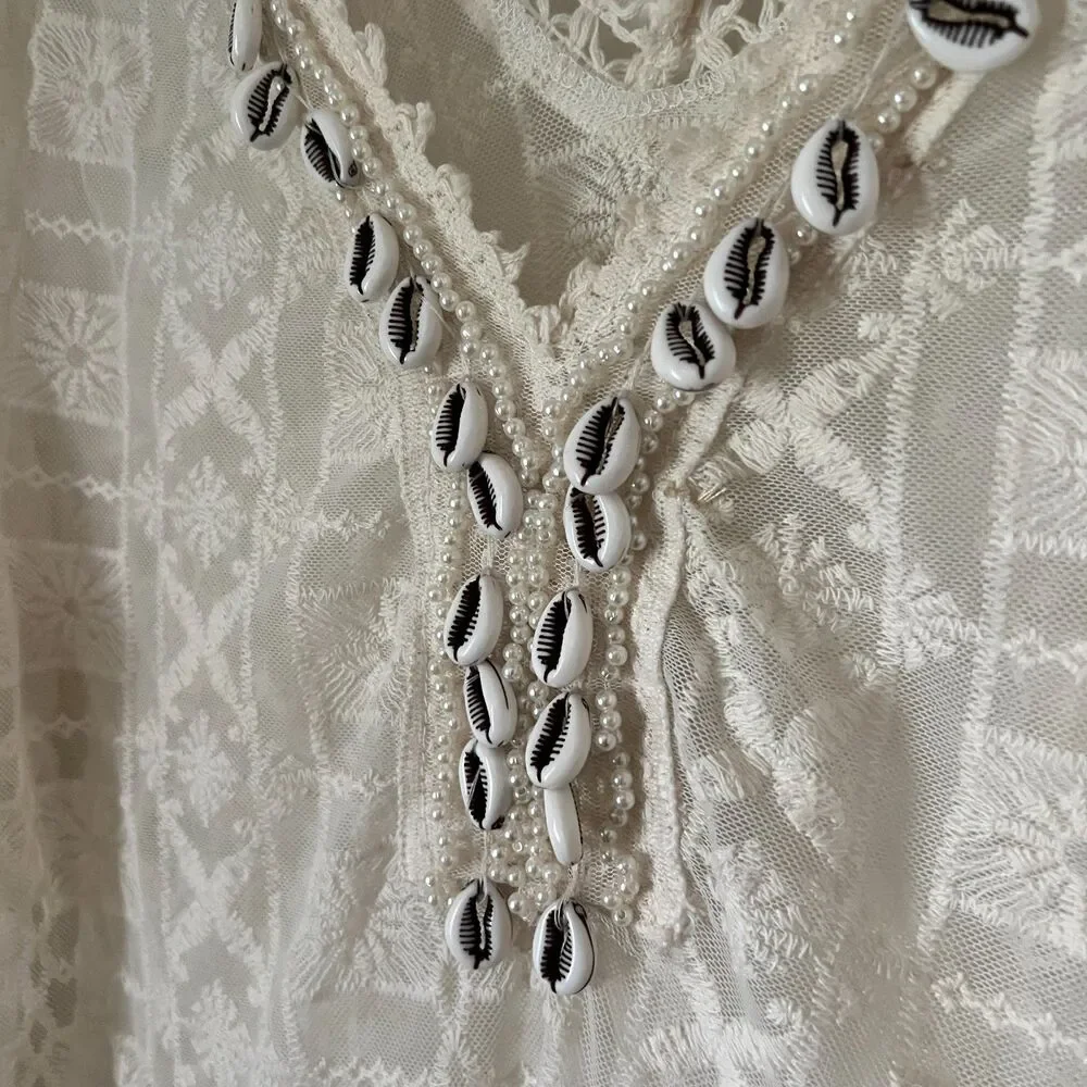 Miho's Italy Lace Crochet Cover Up Tunic Dress Shell Beaded Vacation Euro Summer